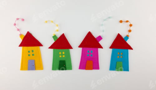 Preview: Colorful, hand-crafted geometric felt house ornaments on a white background with room for copy.
