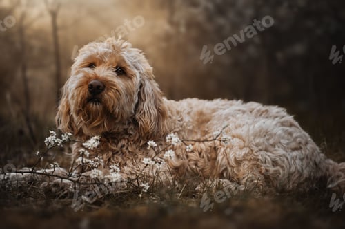 Preview: Closeup shot of a cute otterhound relaxing among the flowers in the park