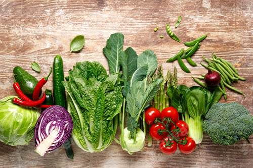 Preview: Vegetables background. Various vegetables on kitchen table. Clean eating, healthy food concept