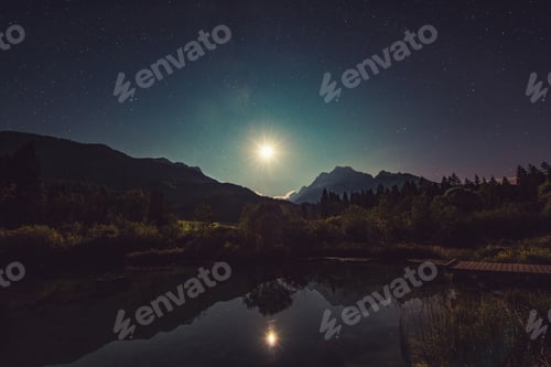 Preview: Starry night and moonlight at the spring of river Sava, called Zelenci.