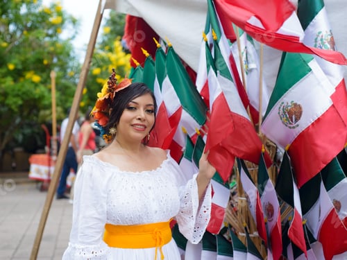 Vista previa: Street portrait of Mexican woman next to Mexican flag sales establishment