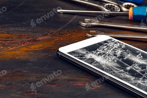 Preview: Digital gadget with tools. Repairing smartphone concept