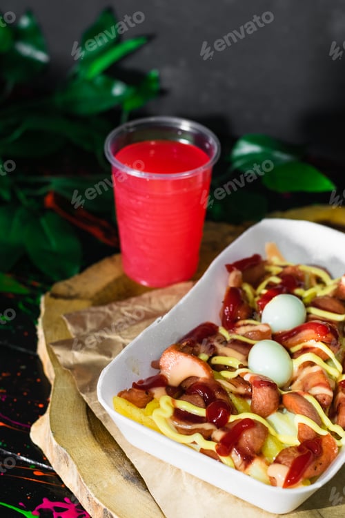 Preview: colombian street food, salchipapa served on a wooden tray with a glass of red fruit juice next to it