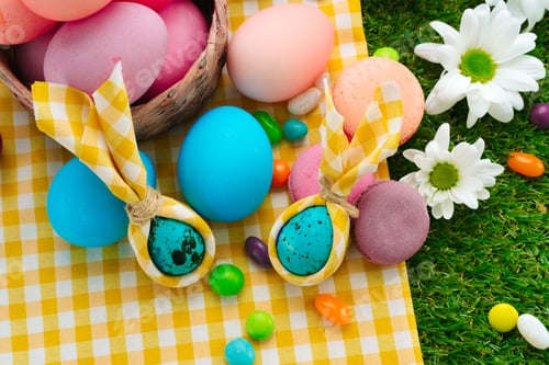 Preview: Easter composition with colored eggs and bright candies on yellow tablecloth