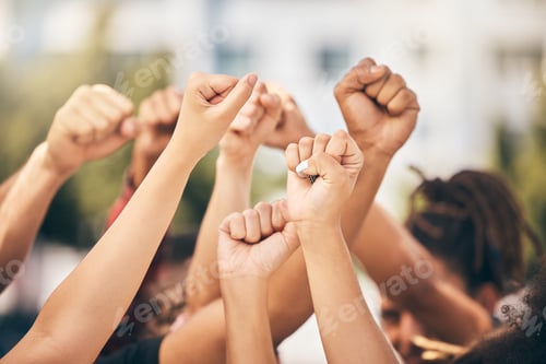 Preview: Hands, protest and community with a group of people fighting for change or human rights in the city