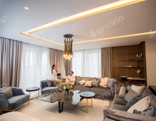 Preview: Young couple relaxing and talking with coffee cups in the luxurious room