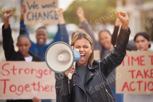 Preview: Support, megaphone and shouting with woman in protest for social justice, change and politics fight