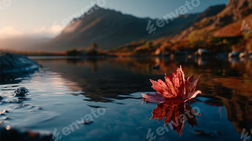 Preview: Falling Autumn Leaf-Autumn leaf floating serenely on a still lake, mountains in the background.