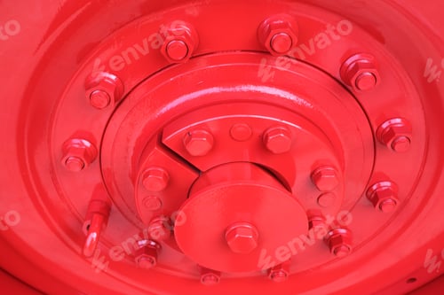 Preview: Bright red industrial machinery component showing bolts and circular design, highlighting details