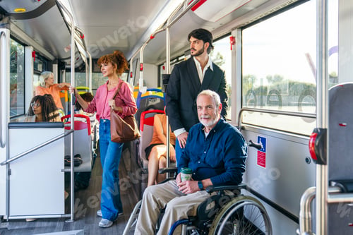 Preview: Disabled man in wheelchair commuting on public transport bus
