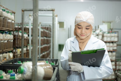 Preview: Young asian muslim female scientist doing research at a mushroom factory,