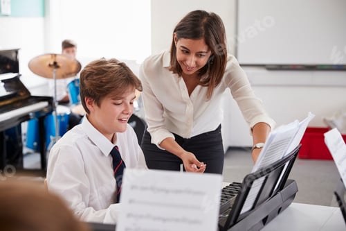 Preview: Male Pupil With Teacher Playing Piano In Music Lesson
