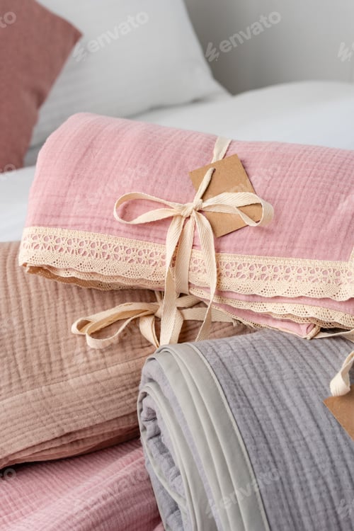 Preview: Rolled Up Soft Pink and Grey Muslin Blankets on Bed