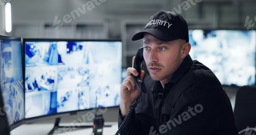 Preview: Security guard, phone call and speaking by cctv monitor for protection, building safety or data cen