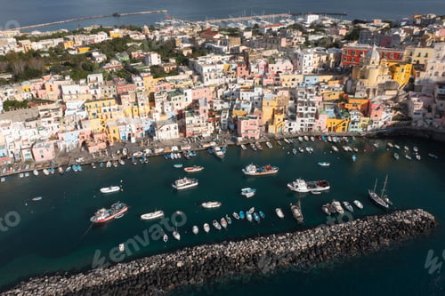 Preview: Aerial view of colourful fishermen's houses, on Procida Island, Bay of Naples, Italy.