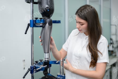 Preview: Technician holding prosthetic leg checking and working in laboratory