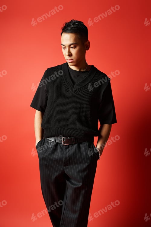 Preview: Sleek asian man in black attire