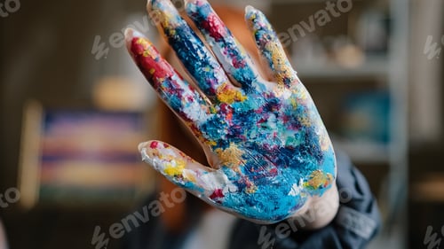 Preview: Caucasian red haired woman artist designer painter girl show dirty in paints colorful palm at camera