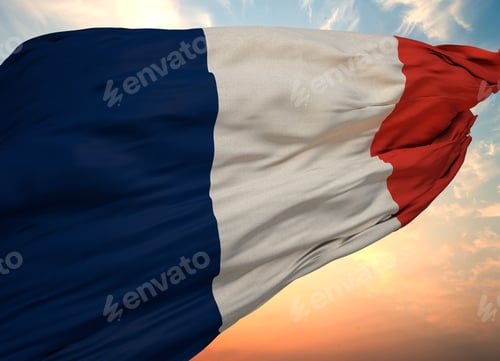 Preview: France flag waving in the wind with the blue sky in the background