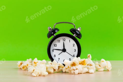 Preview: Popcorn and small alarm clock on pastel green background minimal creative concept. Space for copy