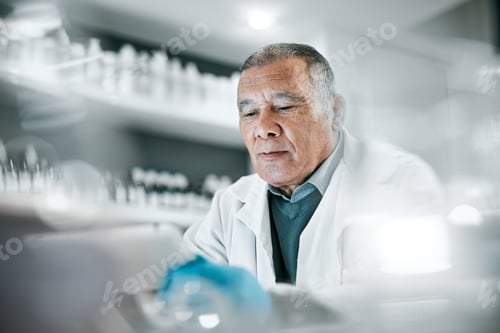 Preview: Science, research and senior man scientist working on experiment, tests or study in the lab. Medica