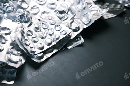Preview: Close up of empty pills of blister pack on table