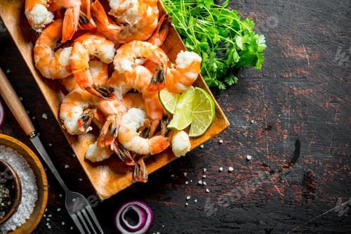 Preview: Homemade shrimps with parsley and lime slices.