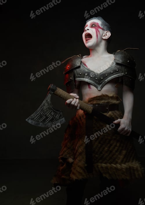 Preview: Screaming savage kid warrior with axe in dark background