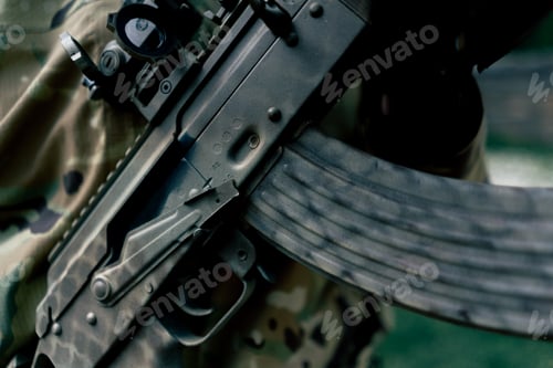 Preview: close-up military tactical strategy NATO rifle training at professional shooting range first