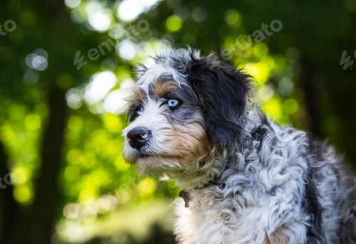 Preview: Adorable brown and white puppy in a grassy field near a lush forest of trees