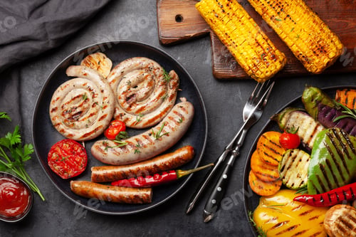 Preview: Grilled sausages and vegetables with spices and herbs