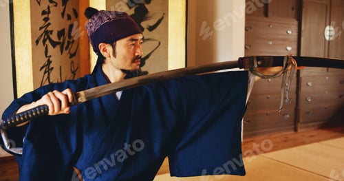 Preview: Dojo, sheath and sword with Samurai man in Japan for combat, martial arts or training, Discipline,