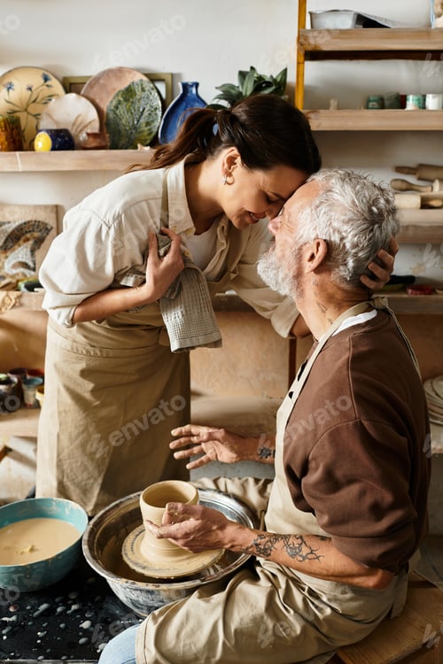 Preview: In a cozy studio, a mature couple shares a tender moment while shaping clay in a pottery class.