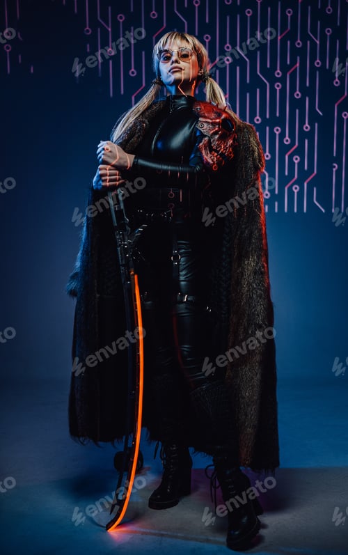 Preview: Proud cyberpunk woman with fur holding her blade