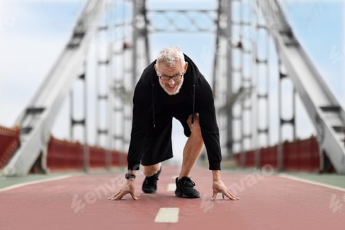 Preview: Elderly man runner standing in starting running position outdoor