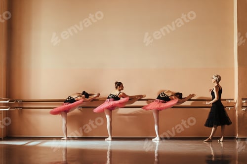 Preview: Female ballet dancers stretching on a barre at ballet school.