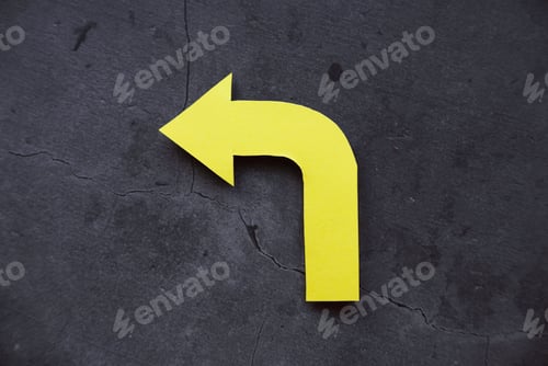 Preview: Yellow arrow pathway sign. Future life with direction or obsctacle reroute symbol. Business success