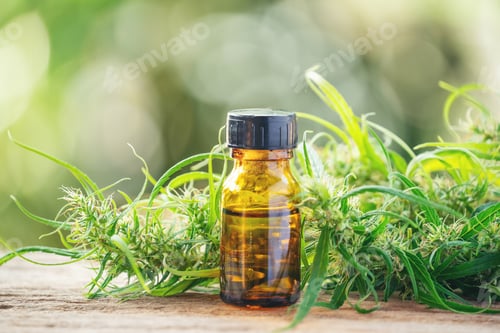 Preview: cannabis with cannabidiol (cbd) extract in a shopping cart