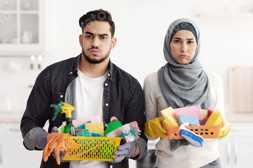 Preview: Bored muslim family cleaning their new apartment