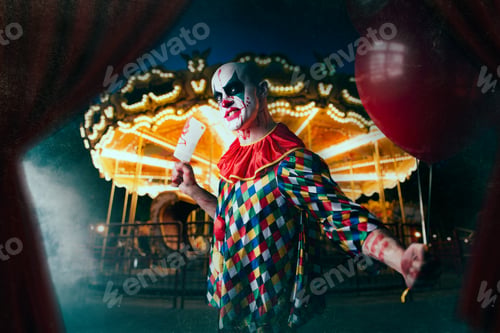 Preview: Scary bloody clown with baseball bat and balloon