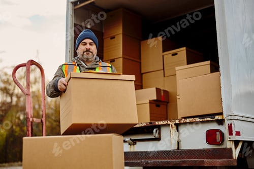 Preview: Male worker unloading cardboard boxes from delivery van.