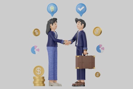 Visualização: Duas pessoas apertando as mãos em uma ilustração em estilo cartoon.