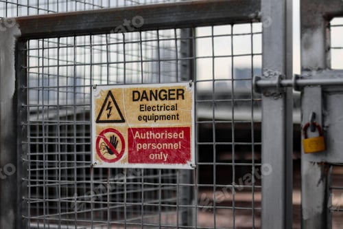 Preview: Closeup of a "DANGER Electrical equipment" sign written on a metal attached to a fence