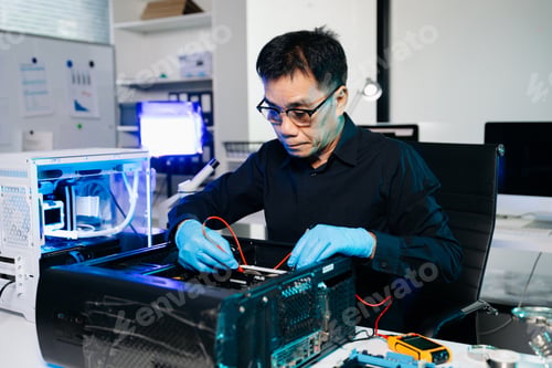 Preview: Professional IT technician repairing PC hardware in modern technology lab, symbolizing