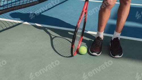 Preview: Young boy feet with green tennis ball and red racket, kid sports concept