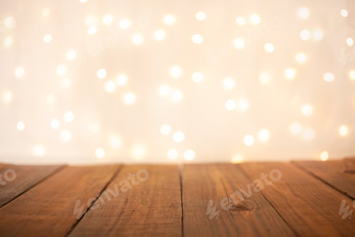Preview: Christmas empty rustic wooden desk table over christmas blurred light bokeh