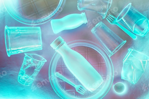 Preview: Plastic disposable tableware in blue neon lighting. Environmental pollution concept