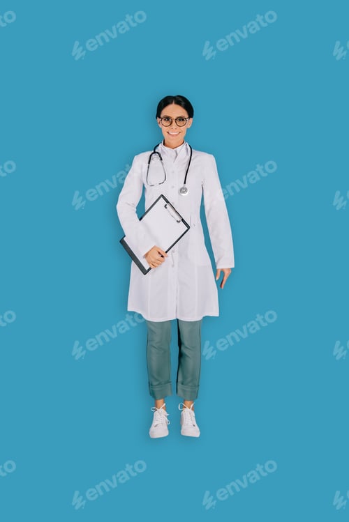 Preview: top view of female doctor with stethoscope and clipboard isolated on blue background