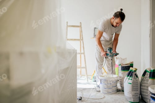 Preview: Man Mixing Paint with an Electric Mixer Indoors