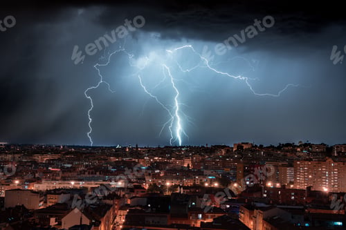 Preview: Scenic view of lightning hitting the ground near the city of Madrid during nighttime